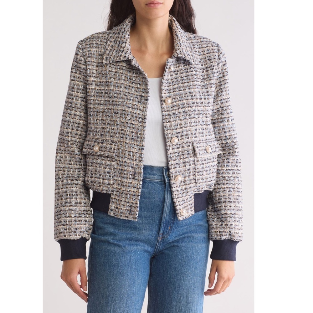 Laundry by Shelli Segal Bouclé Bomber Jacket In Navy Multicolor - large -Reemoly